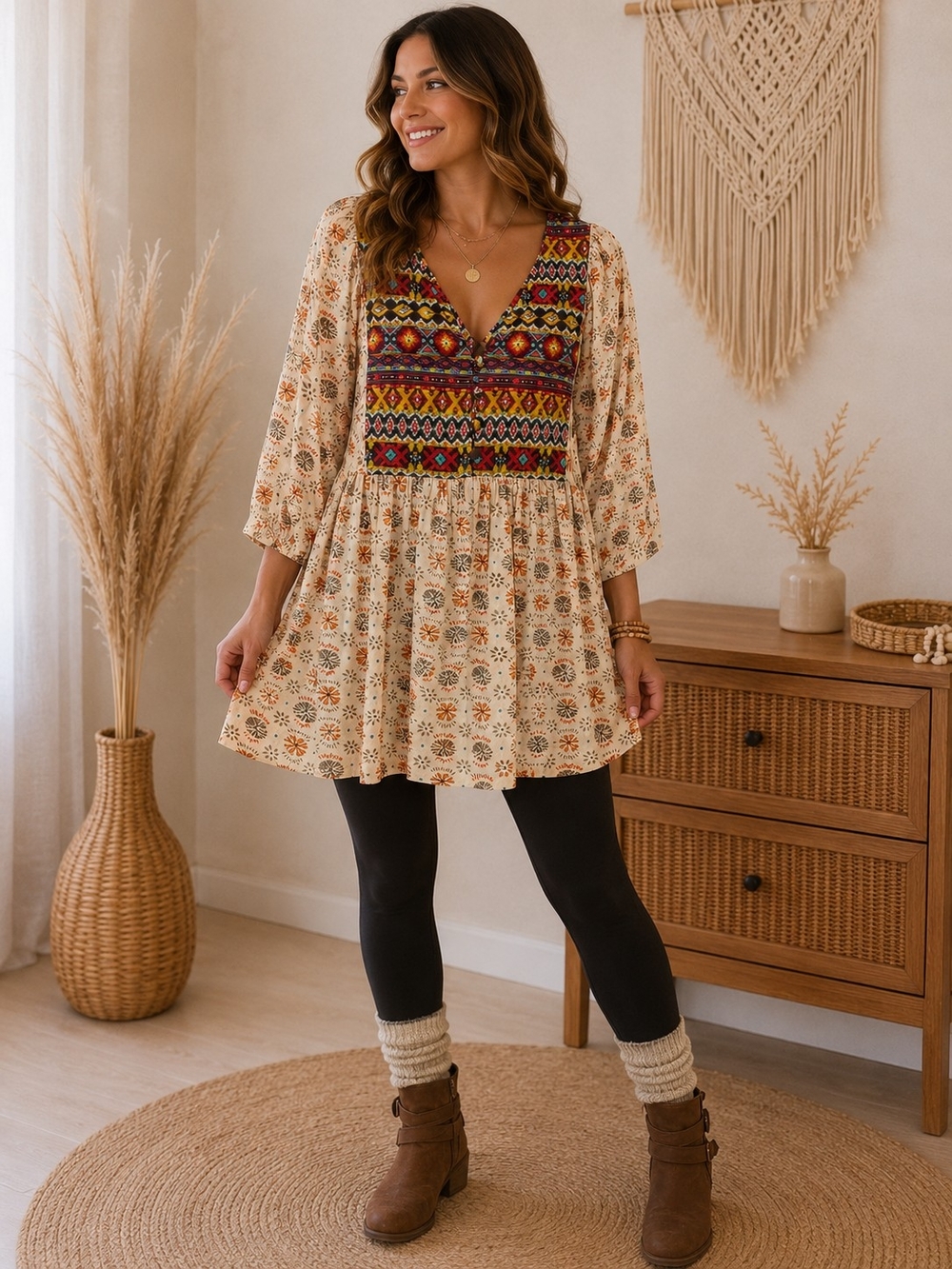 Umgee Cream Tunic with Multicolor Embroidered Yoke